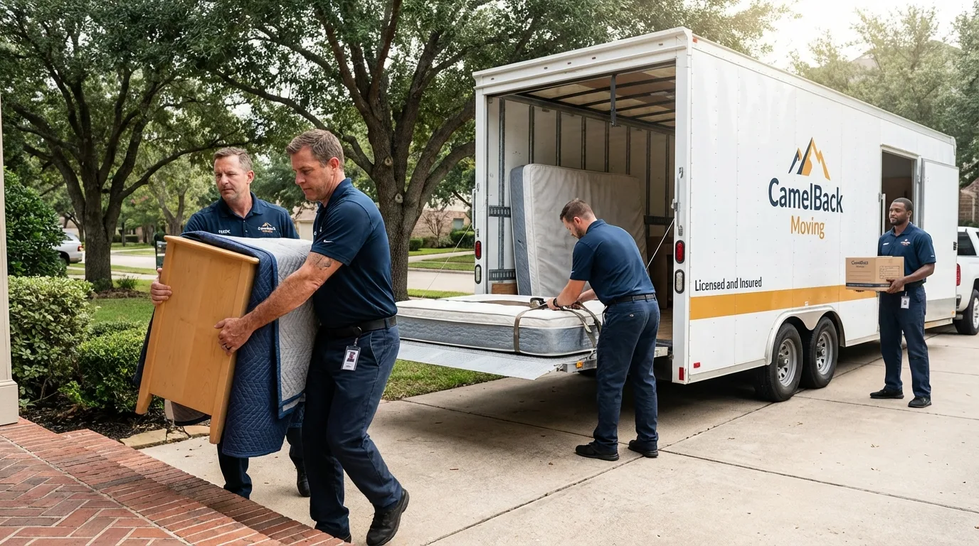 Crew loading residential truck for cross-state move from Worthington, MN
