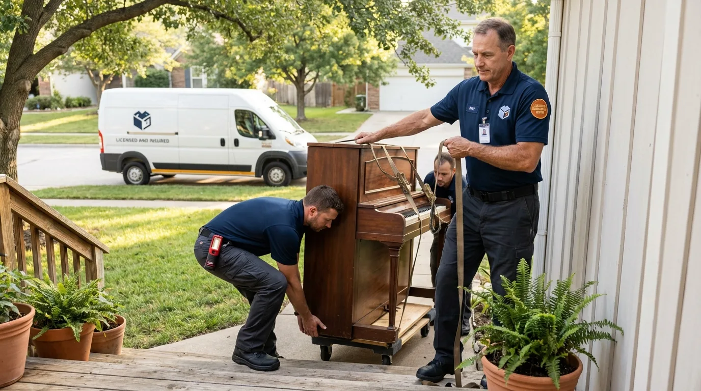 Licensed piano movers securing grand piano in Worthington, MN