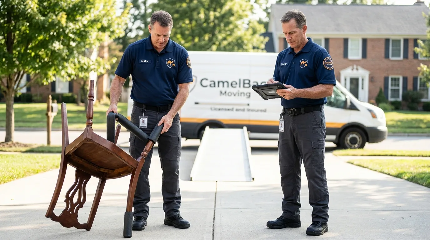Movers inspecting furniture for damage prevention before loading in Worthington, MN