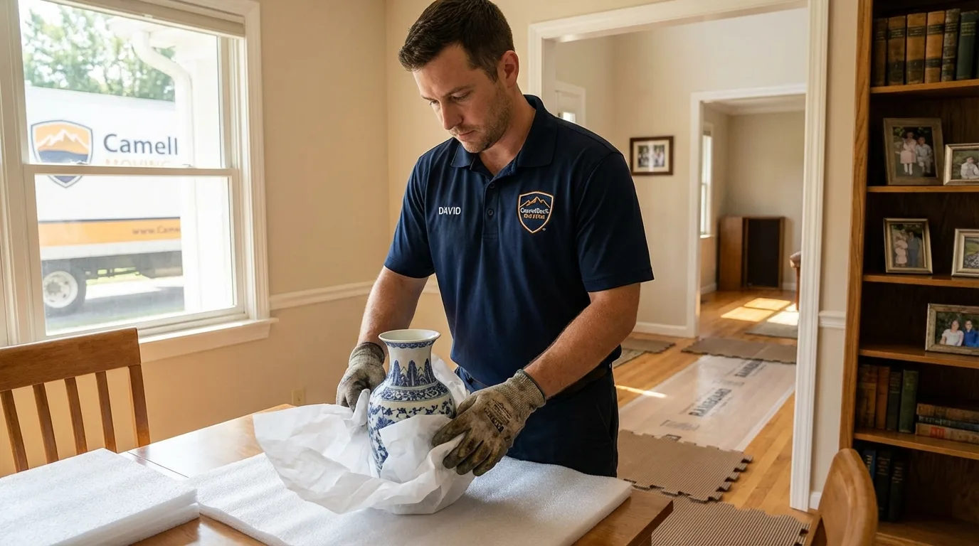 Professional crew carefully wrapping antique vase for senior downsizing move in Worthington, MN